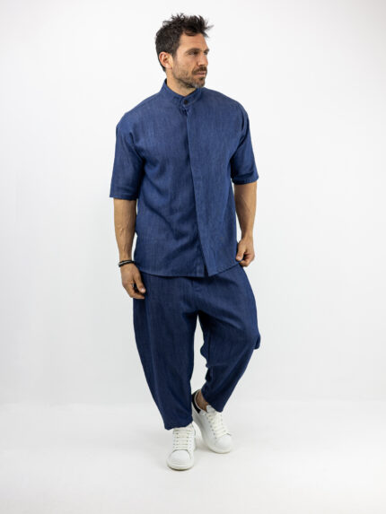 Jean Παντελόνι Balloon Μπλέ & Πουκάμισο Oversized Κρυφή Πατινέτα 3/4 Μανίκι Μπλέ