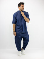 Jean Παντελόνι Balloon Μπλέ & Πουκάμισο Oversized Κρυφή Πατινέτα 3/4 Μανίκι Μπλέ