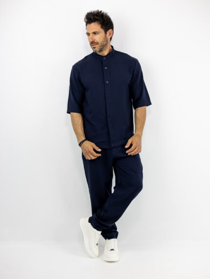 Παντελόνι Jogger Loose Fit & Overshirt Πουκάμισο Μάο 3/4 Μανίκι Μπλέ