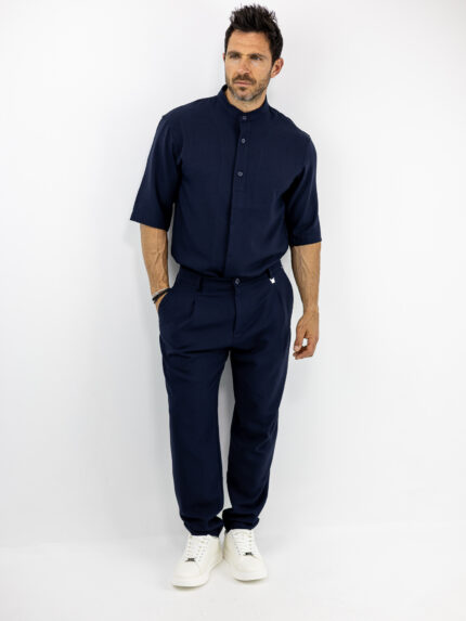 Παντελόνι Jogger Loose Fit & Overshirt Πουκάμισο Μάο 3/4 Μανίκι Μπλέ