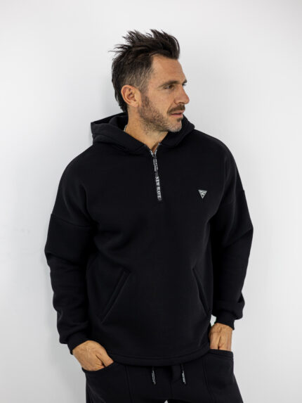 Φούτερ Oversized Με Κουκούλα & Φερμούαρ Μονόχρωμη Μαύρη