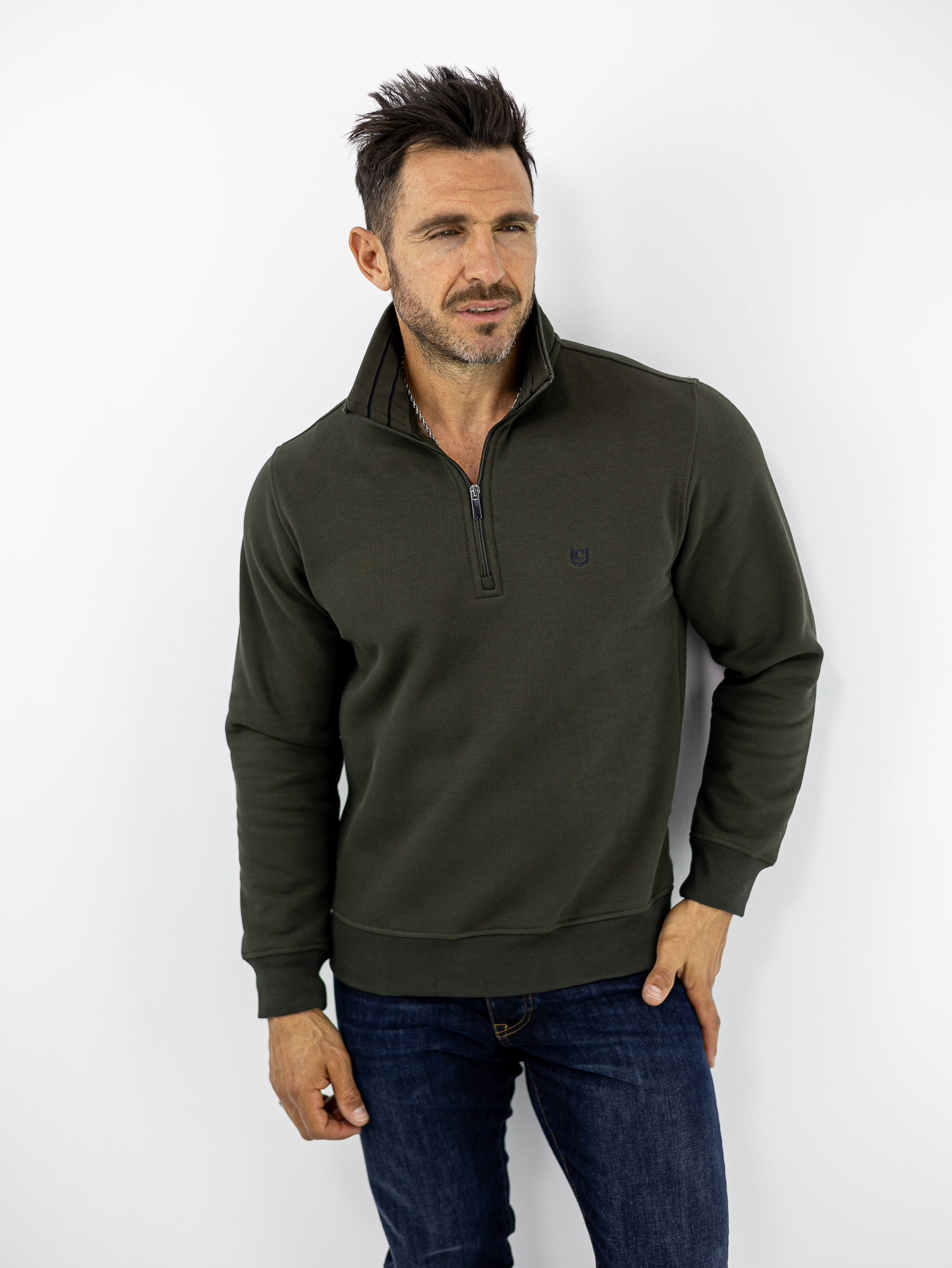 MPLOUZA_CND_140109_LADI_01.jpg Μπλούζα Regular Fit Polo Με Φερμουάρ Μονόχρωμη Λαδί