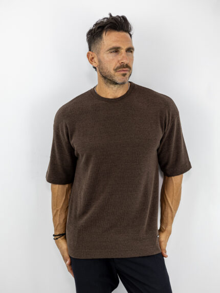 T-Shirt Oversized Πλεκτή Μονόχρωμη Καφέ