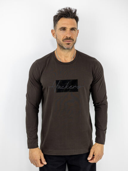 Μπλούζα Regular Fit Με Στάμπα Μπροστά Μονόχρωμη Μακρύμανικο Καφέ
