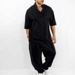 T-shirt Oversized Με Γιακά 3/4 Μανίκι & Παντελόνι Baggy Με Πιέτα Μαύρο