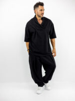 T-shirt Oversized Με Γιακά 3/4 Μανίκι & Παντελόνι Baggy Με Πιέτα Μαύρο