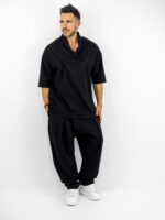 T-shirt Oversized Με Γιακά 3/4 Μανίκι & Παντελόνι Baggy Με Πιέτα Μαύρο