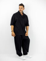 T-shirt Oversized Με Γιακά 3/4 Μανίκι & Παντελόνι Baggy Με Πιέτα Μαύρο