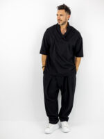 T-shirt Oversized Με Γιακά 3/4 Μανίκι & Παντελόνι Baggy Με Πιέτα Μαύρο