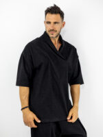 T-shirt Oversized Με Γιακά 3/4 Μανίκι & Παντελόνι Baggy Με Πιέτα Μαύρο