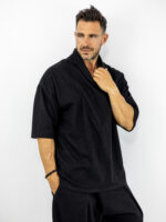 T-shirt Oversized Με Γιακά 3/4 Μανίκι & Παντελόνι Baggy Με Πιέτα Μαύρο
